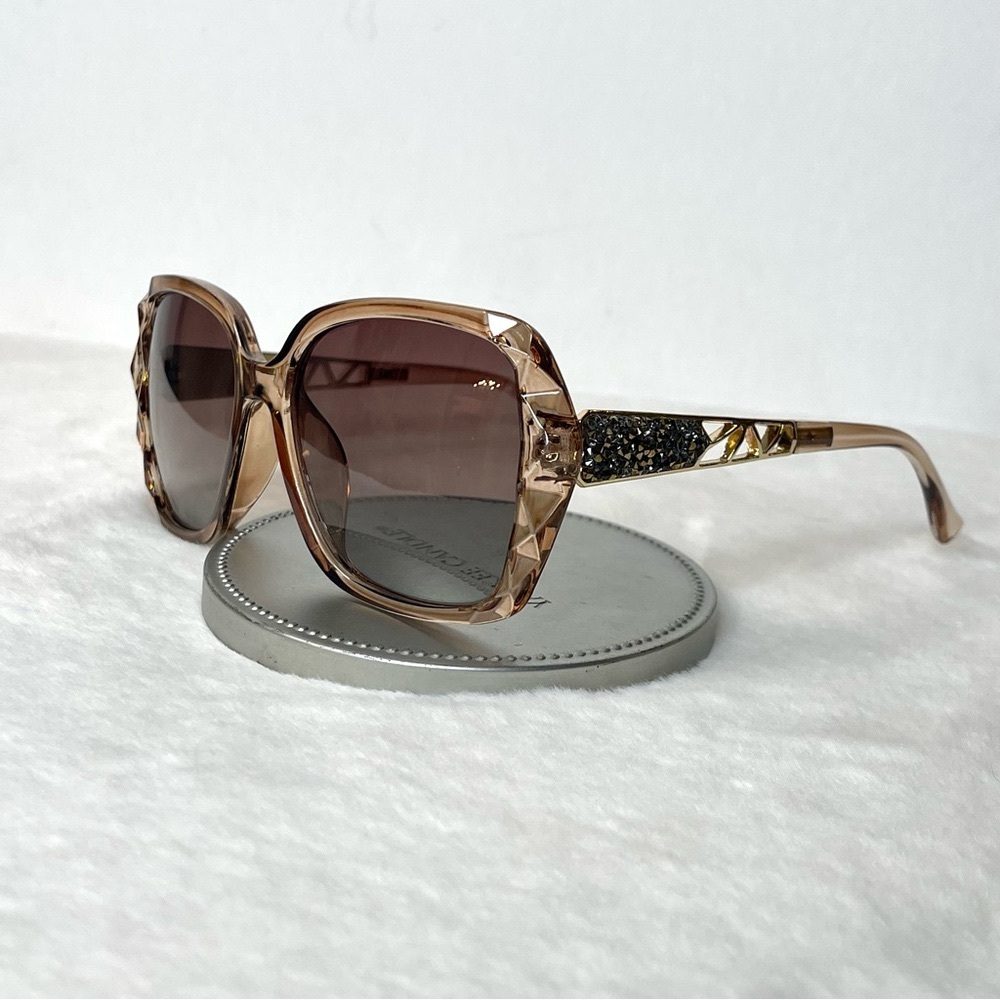 Brown & Gold Oversized Square Sunglasses Polarized Tinted w Crystal Frames Nwt - Picture 5 of 9